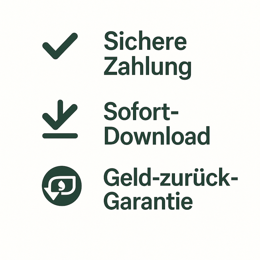 Sichere Zahlung, Sofort-Download und Geld-zurück-Garantie in drei Punkten.
